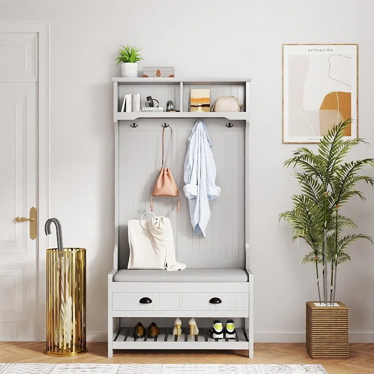 3-in-1 Hallway Hall Tree with 2 Storage Drawers, 4 Coat Hooks, and Padded Seat Cushion