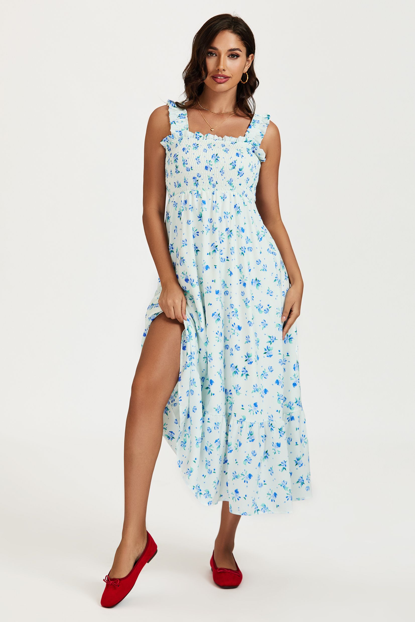 FS Collection Floral Print Hem Detail Maxi Dress In White