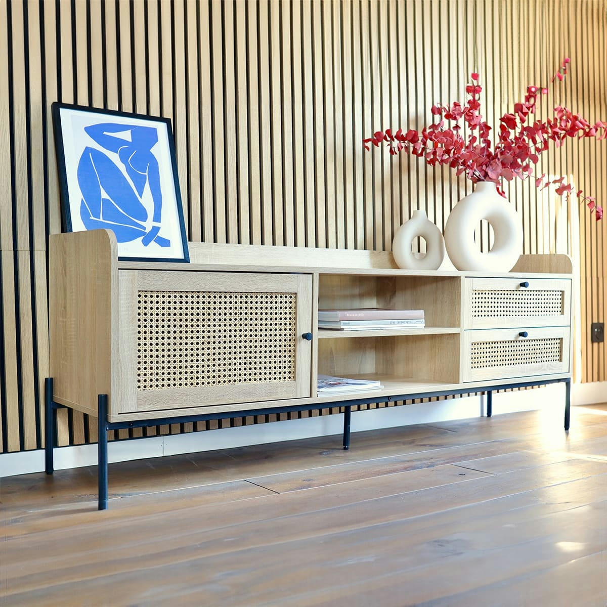 IRIS - Meuble TV 1 porte 2 tiroirs en cannage naturel et effet chêne 160 cm