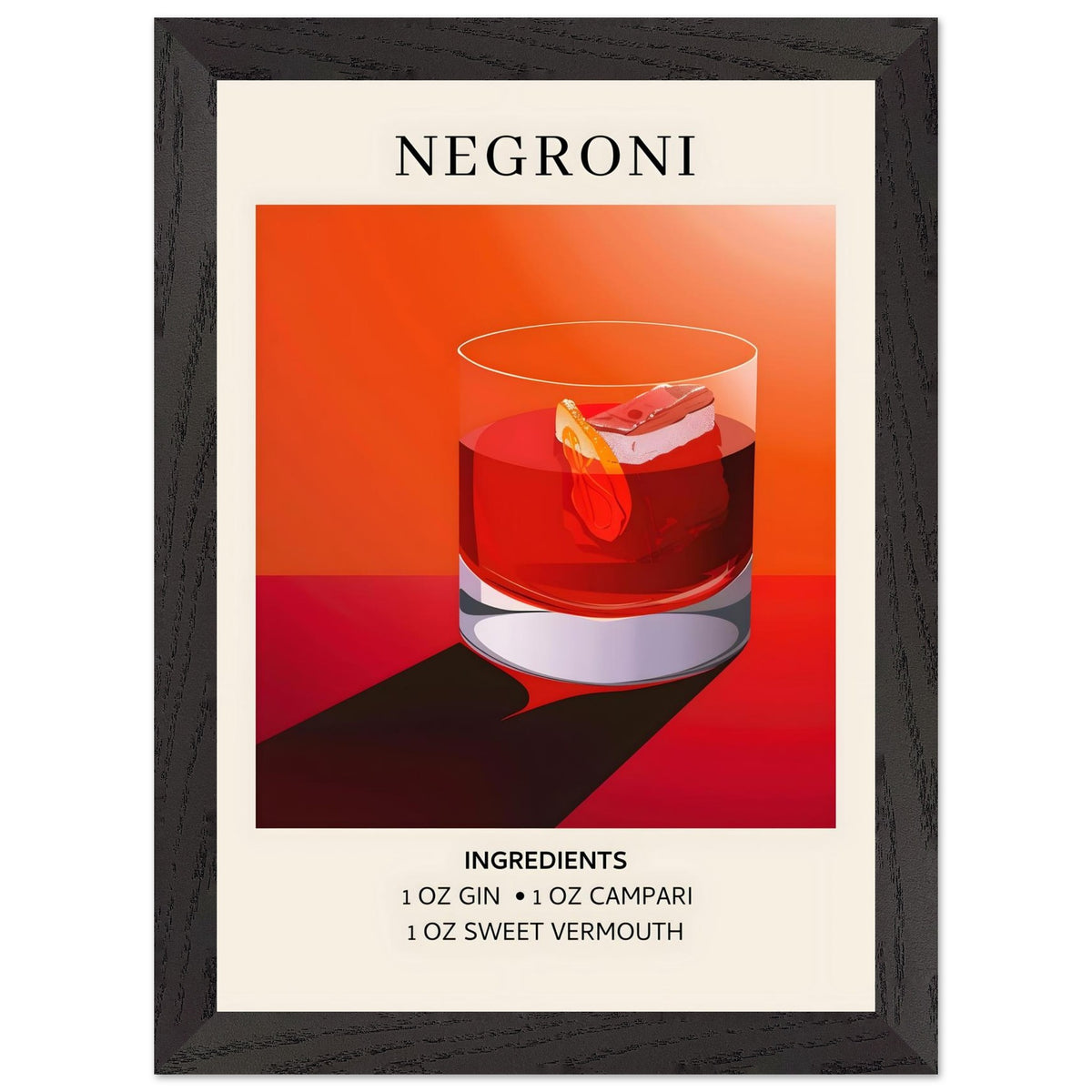 Artfulprints Poster met Lijst Negroni cocktail - Ingrediënten  - A4 21x29.7 cm - Rood