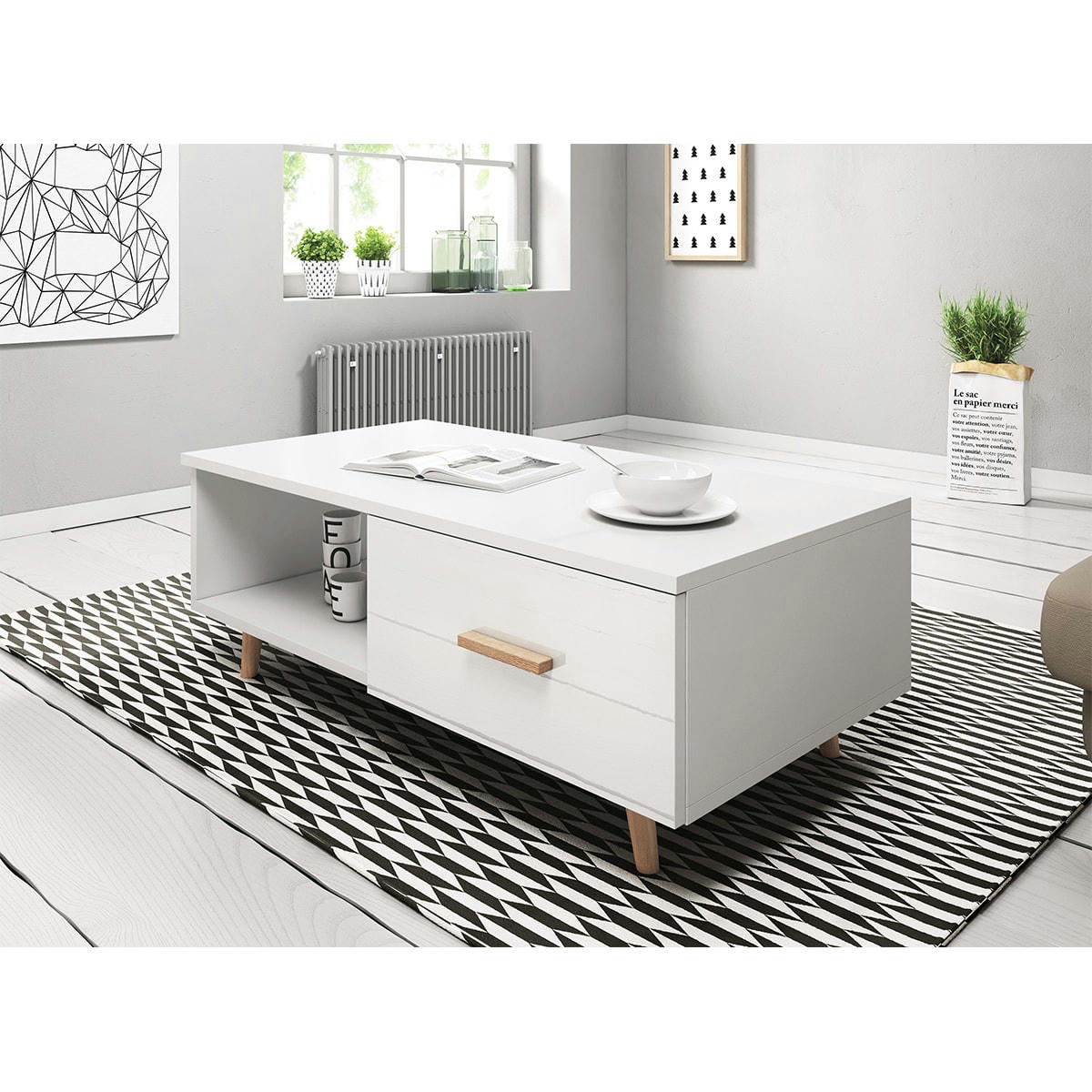 - Table basse 1 tiroir 1 niche blanc