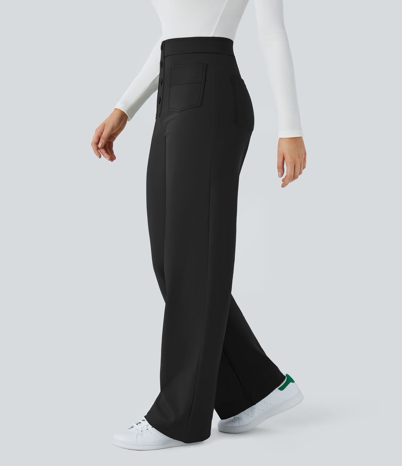 Pantalon taille haute décontracté thermique Softlyzero™, jambes droites, boutons et poches multiples