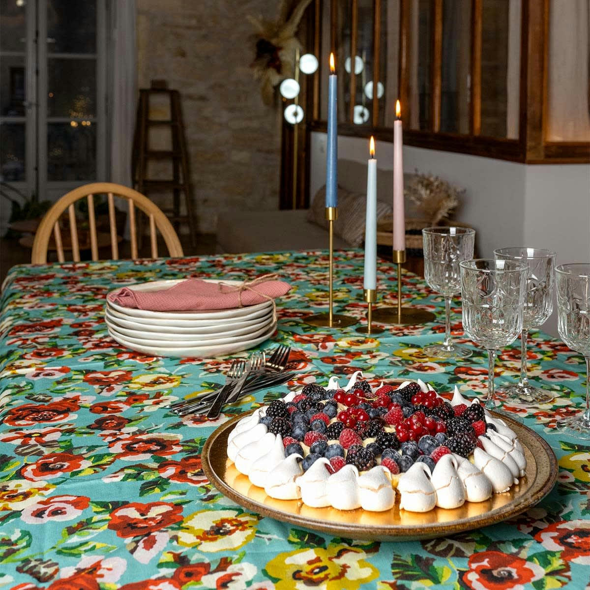 RITA - Nappe grand format en coton imprimé fleuri turquoise 140x235