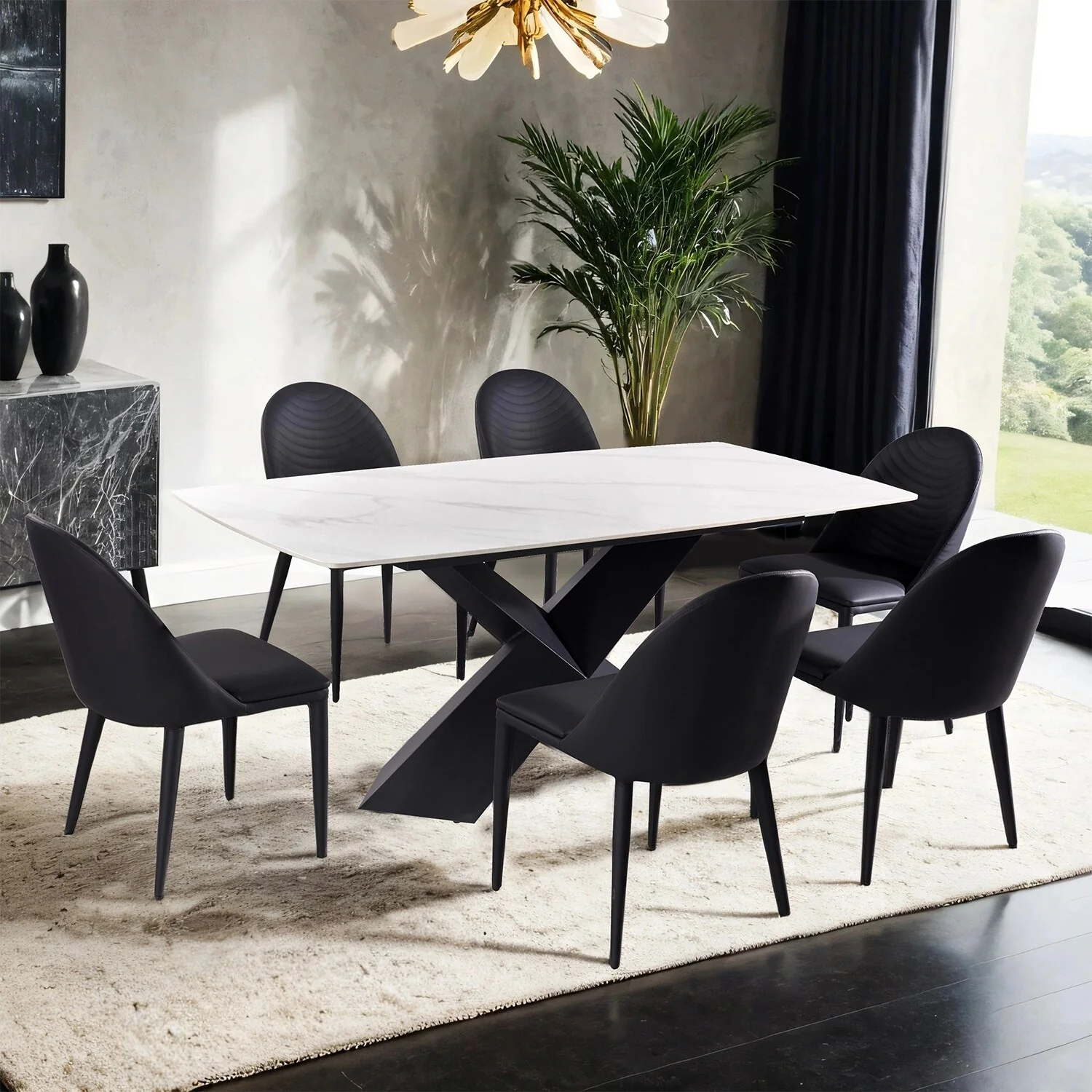 7 Piece Dining Set with Metal Legs in Black and White
