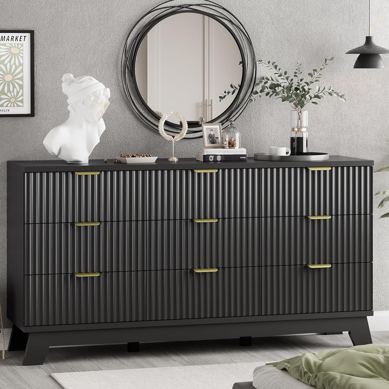 Fluted Dresser for Bedroom with 9 Drawers, 57 Wide Chest of Drawers with Metal Handle, Modern Wood Dresser TV Stand, Wooden Closet Clothes Storage Organizer for Living Room, Hallway, Black