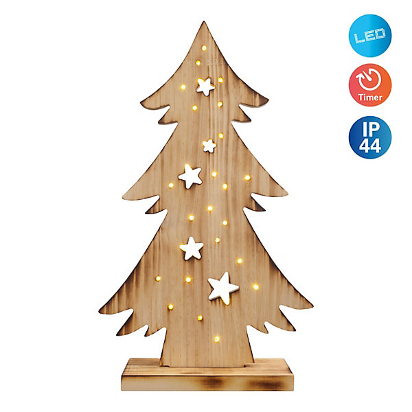Lampe décorative LED en bois 'Sapin' petite, en bois naturel avec LEDs fixes, décoration de Noël pour l'extérieur