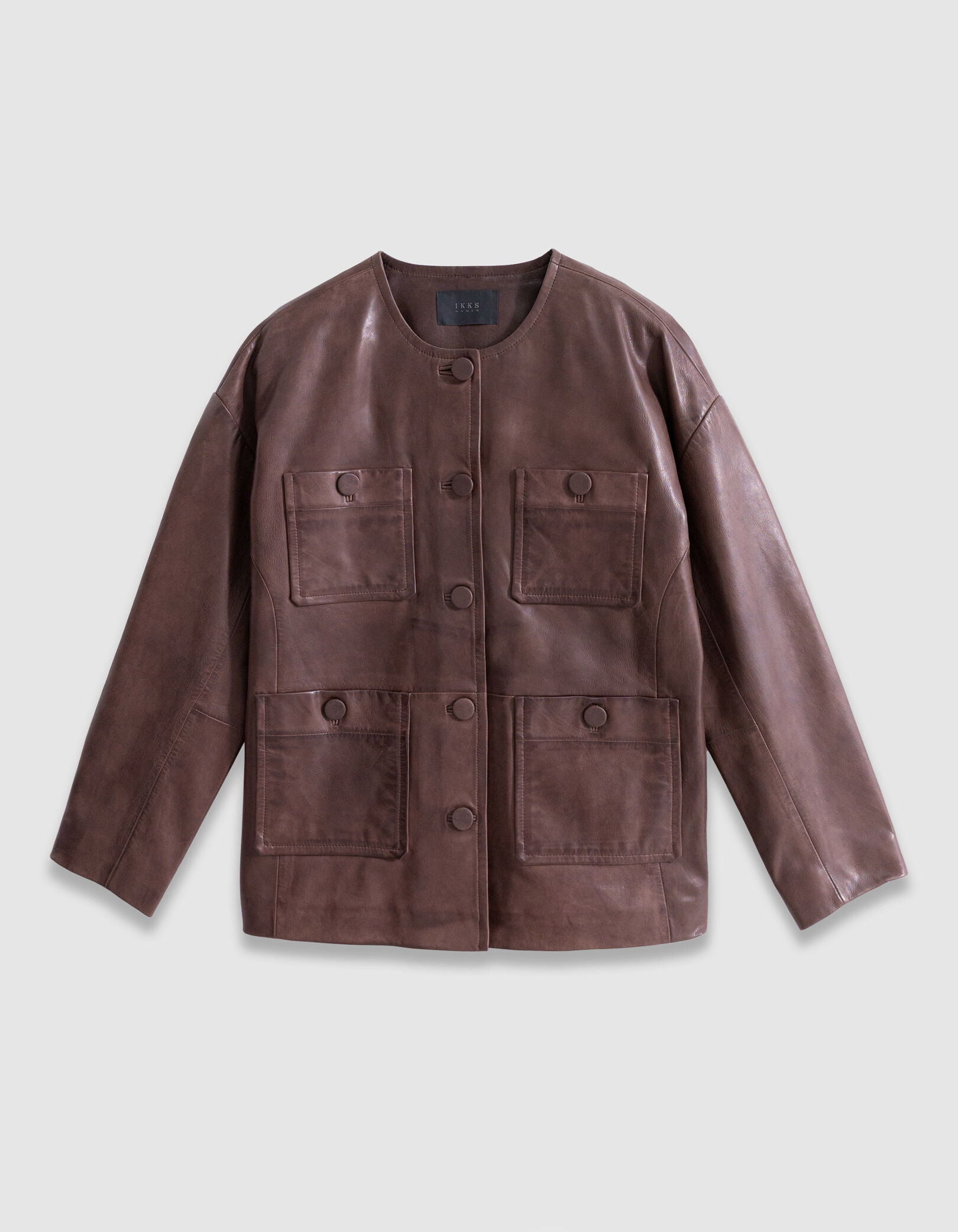 Manteau marron cuir délavé poches plaquées Femme