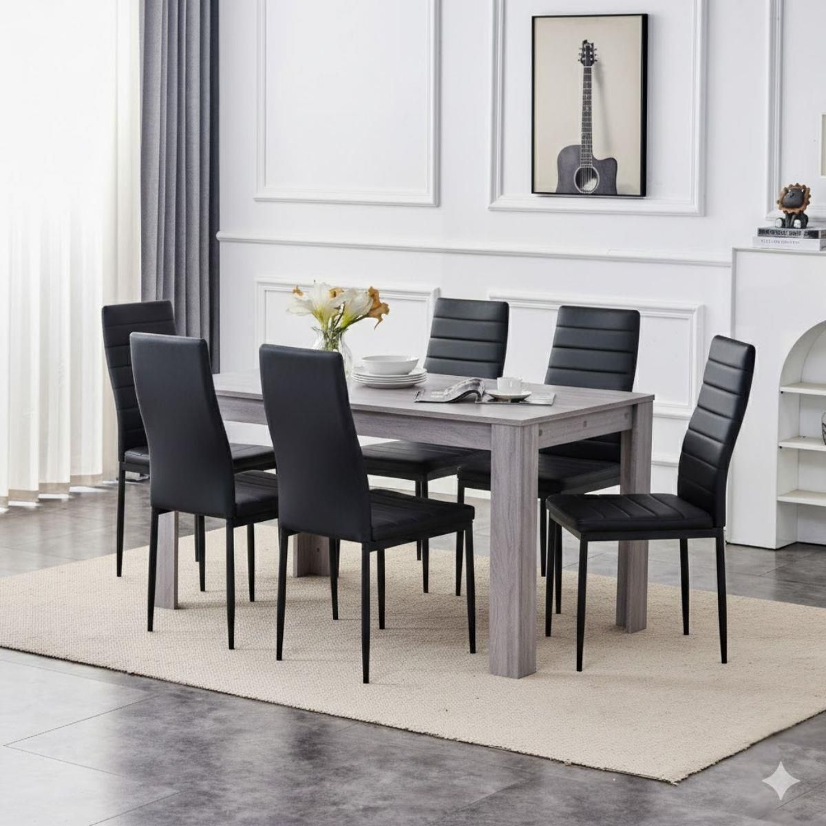 KOSY KOALA Dining Table With 6 Chairs Grey Dining Set With 6 Black Chairs