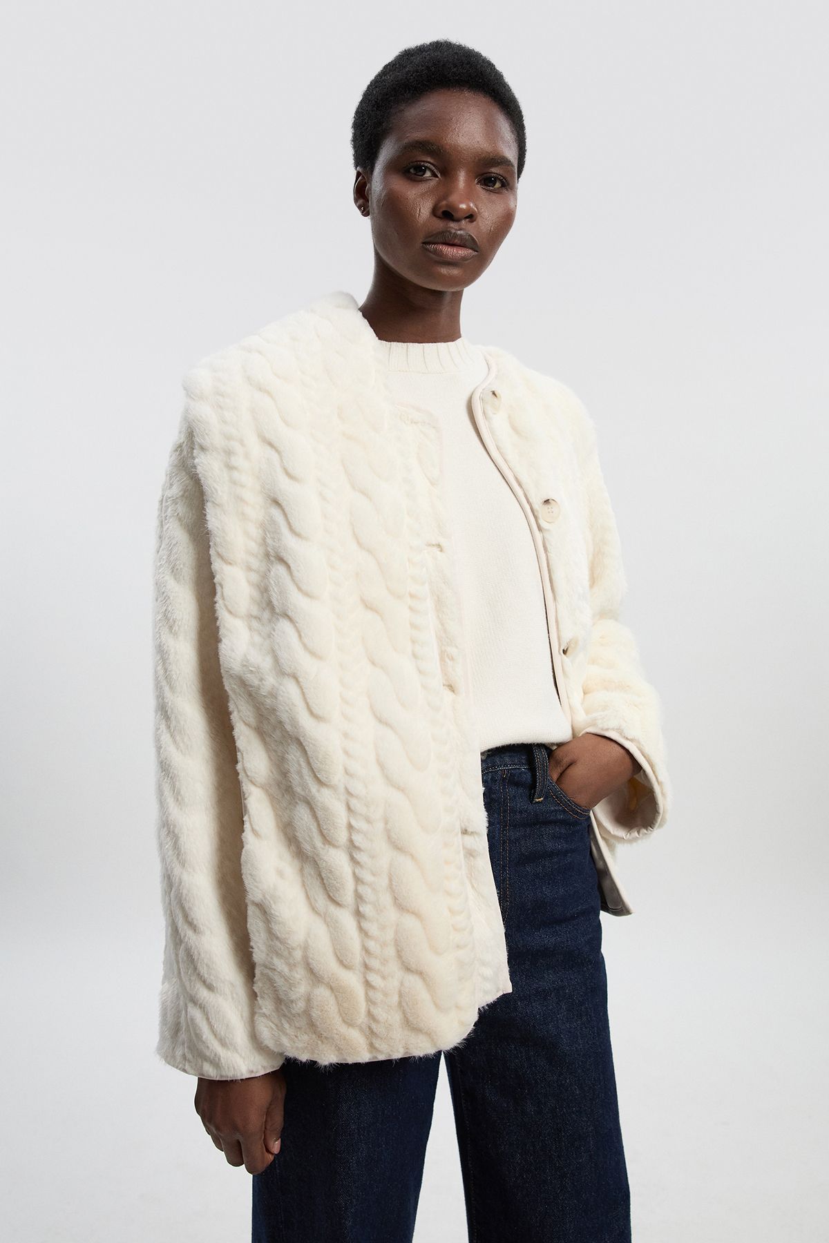 KarenMillen Petite Textured Faux Fur Scarf Neck Coat