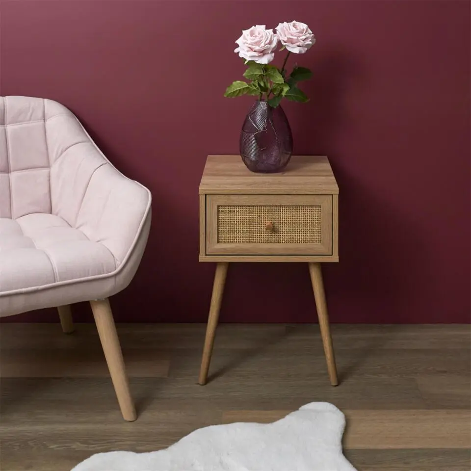 MISOU Nachtkastje Met Lade Rotan Webbing Hout