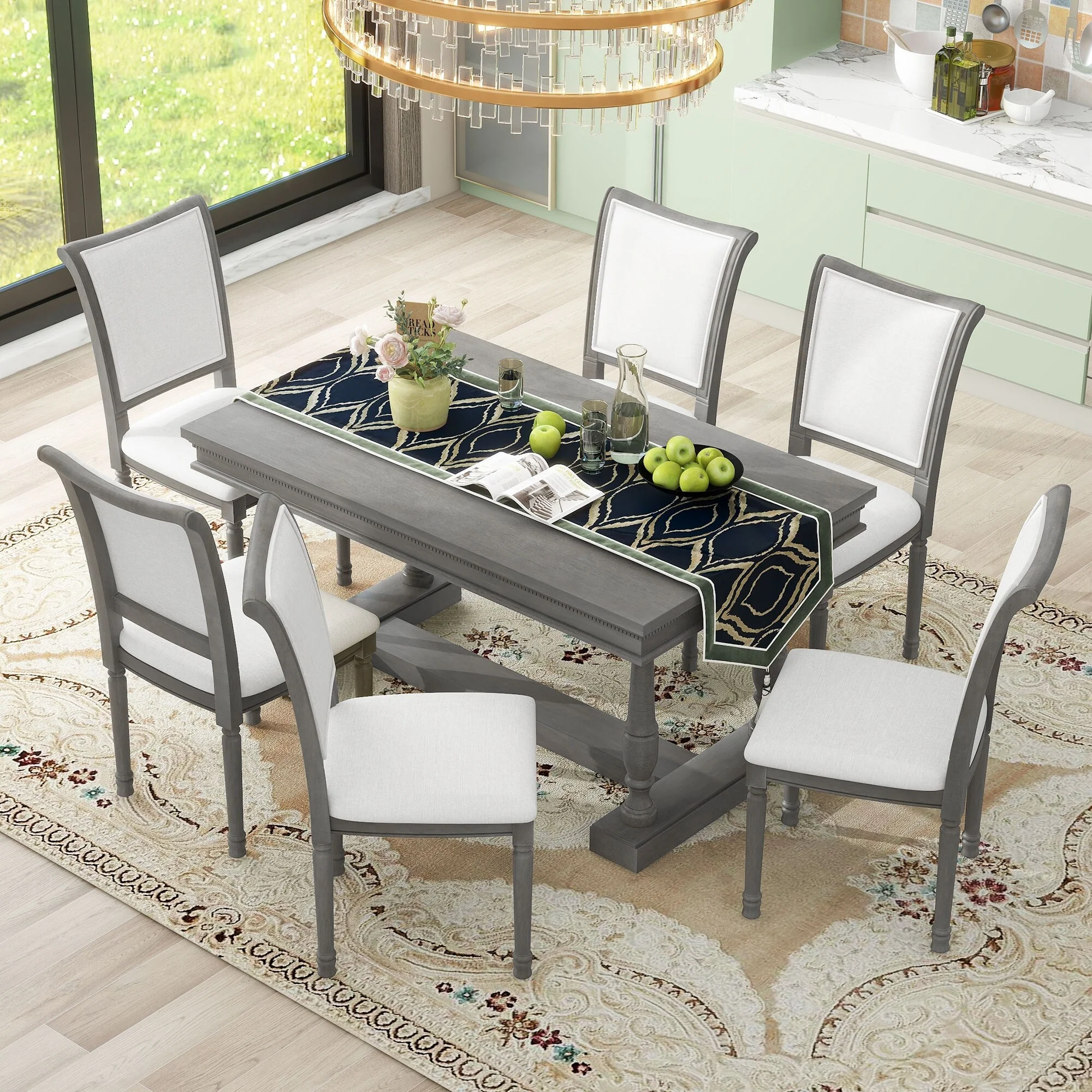 7-Piece Wooden Dining Table Set with 4 Trestle Base & 6 Chairs