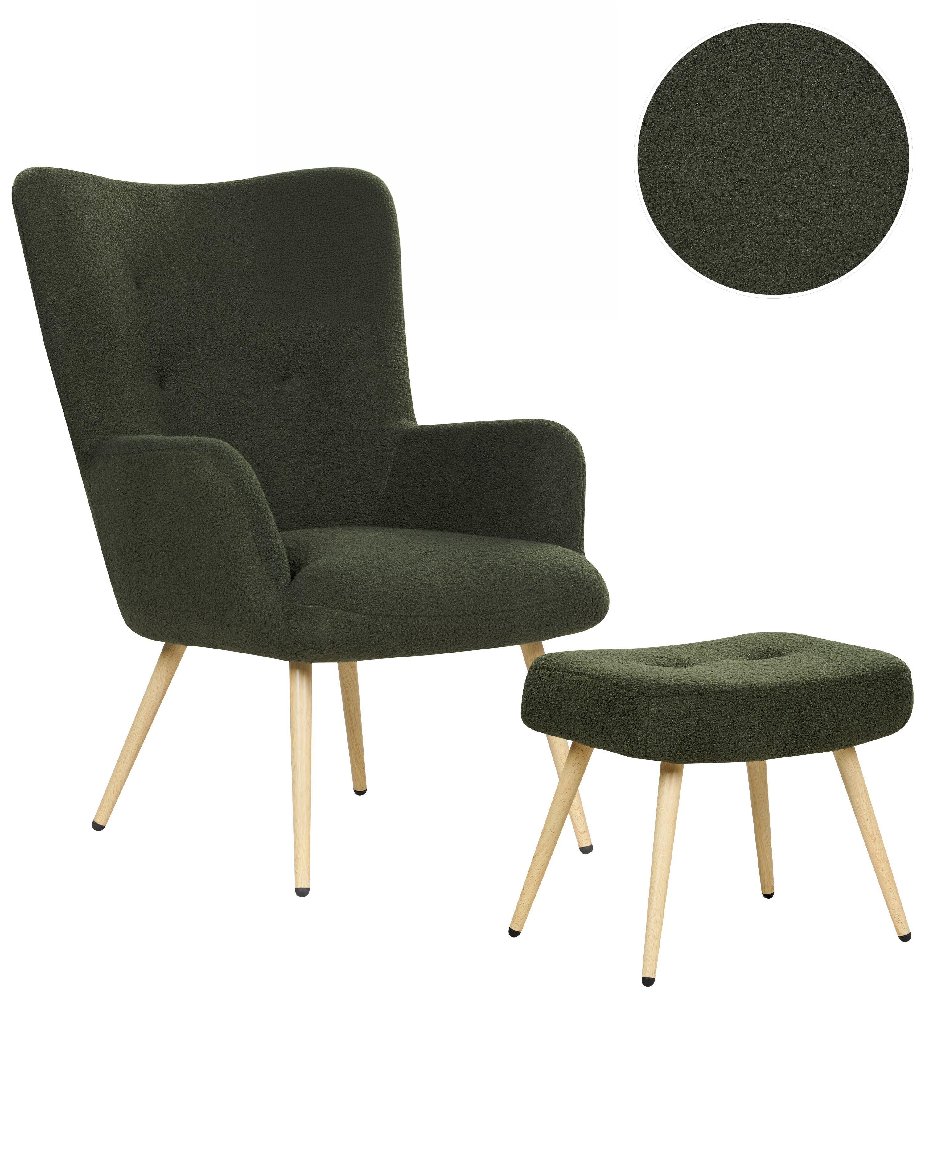 Wingback Chair VEJLE with Footstool Boucle Dark Green