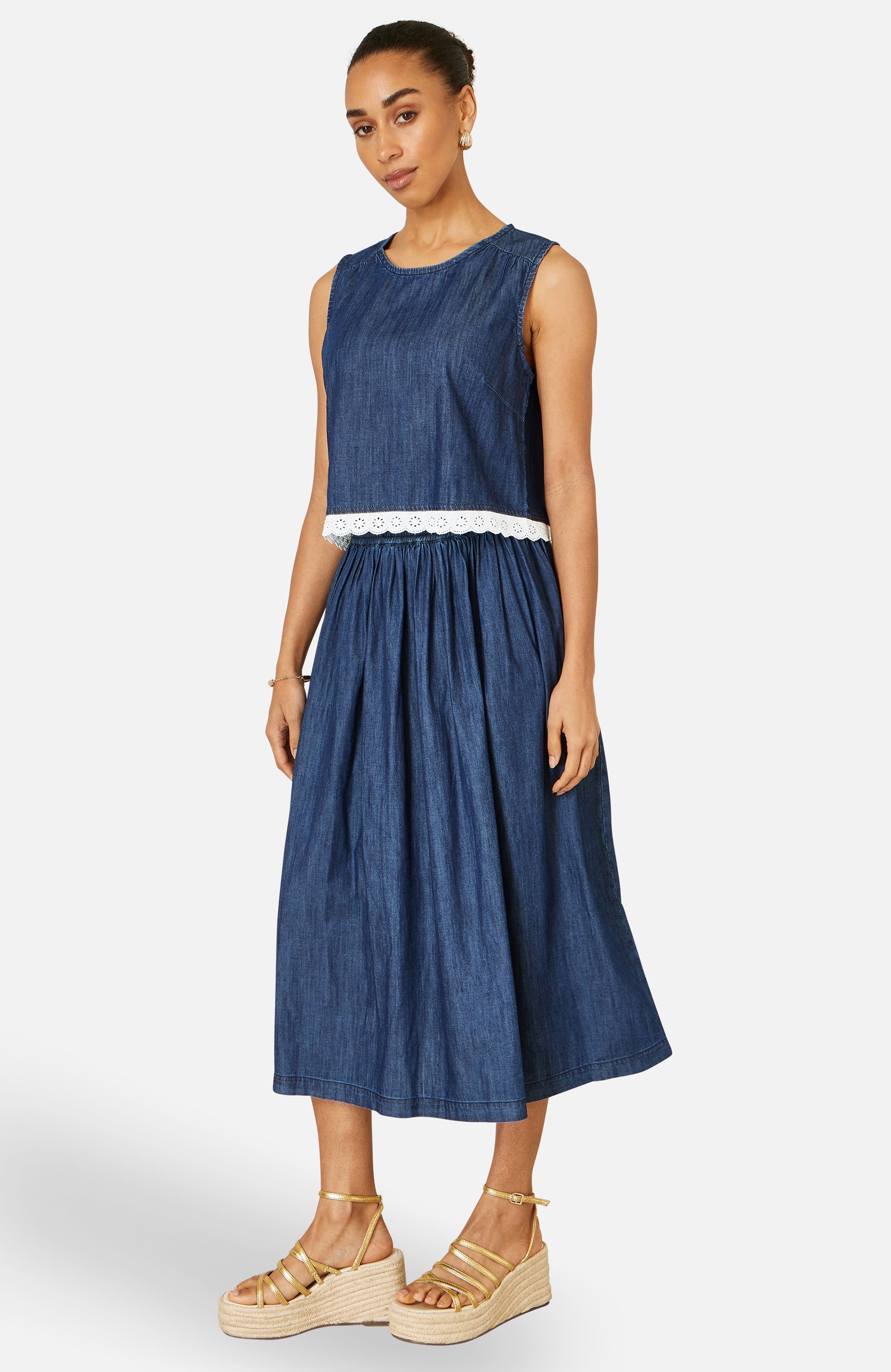 Yumi Cotton Chambray Top With Lace Trims