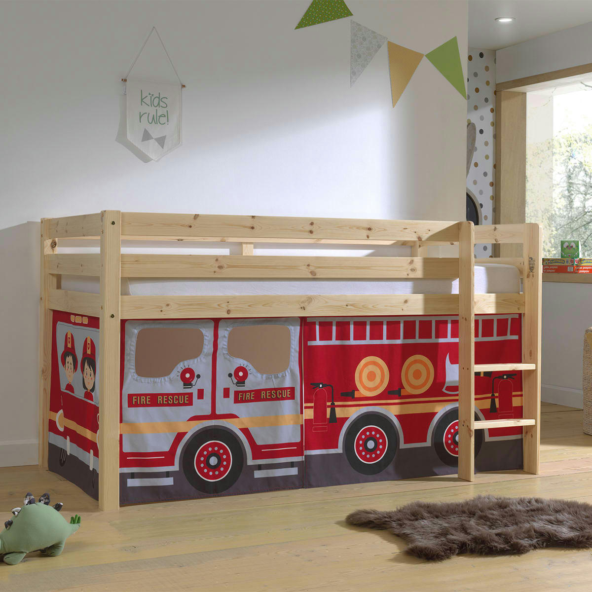 PINO - Lit mi-hauteur 90x200 sommier inclus housse pompier naturel