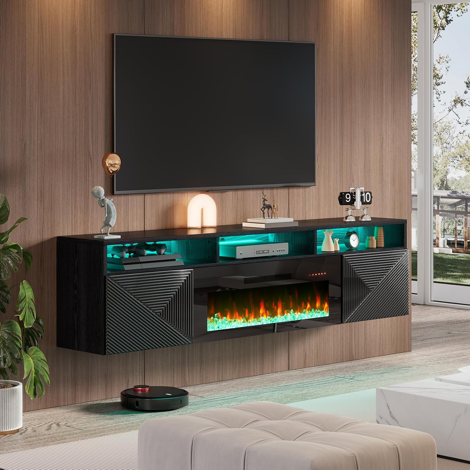 Floating TV Stand with 36 Electric Fireplace, 70 inch Wall Mounted Electric Fireplace Entertainment Center with Storage Space, TV Stand for Living Room for TVs Up to 80, All Black