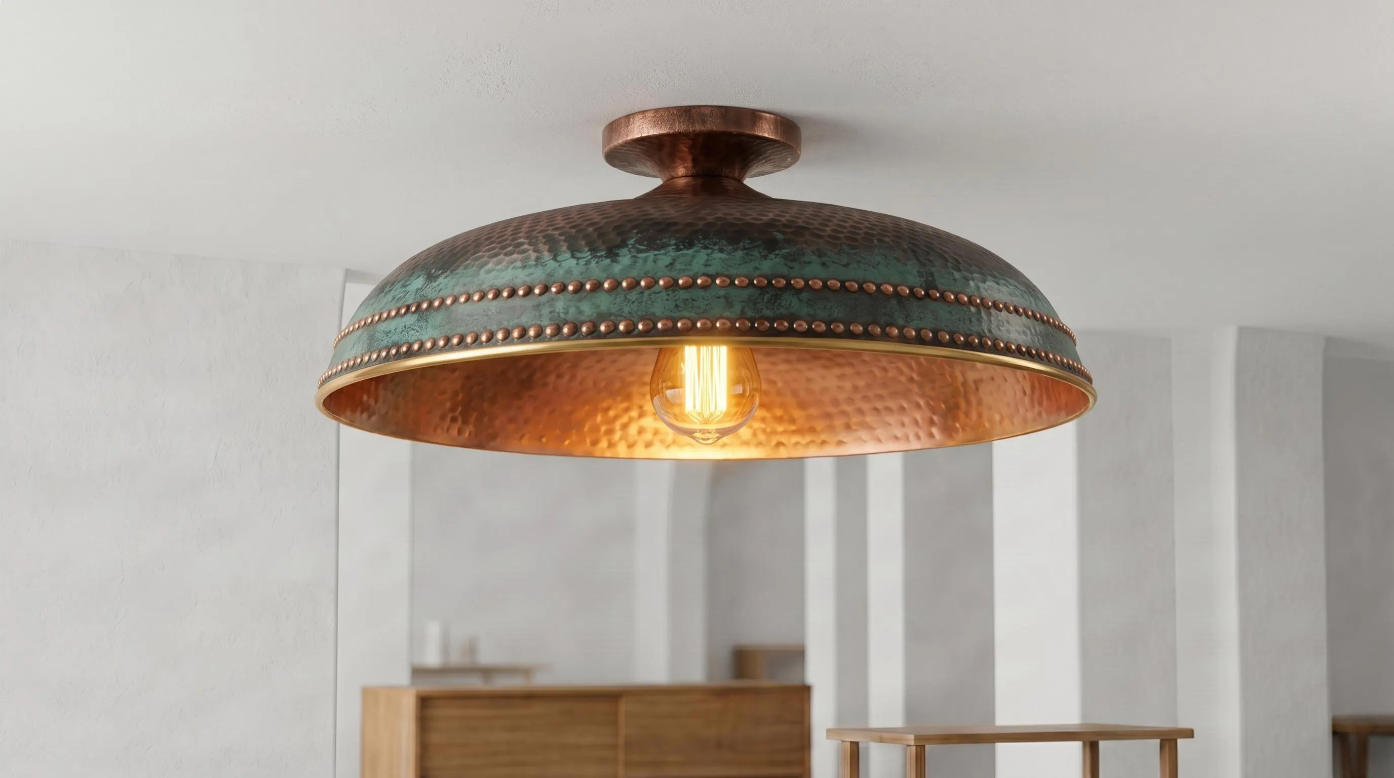 Hammered Copper Ceiling Lamp, Rustic Flush Mount, Handmade Artisan Copper Lighting