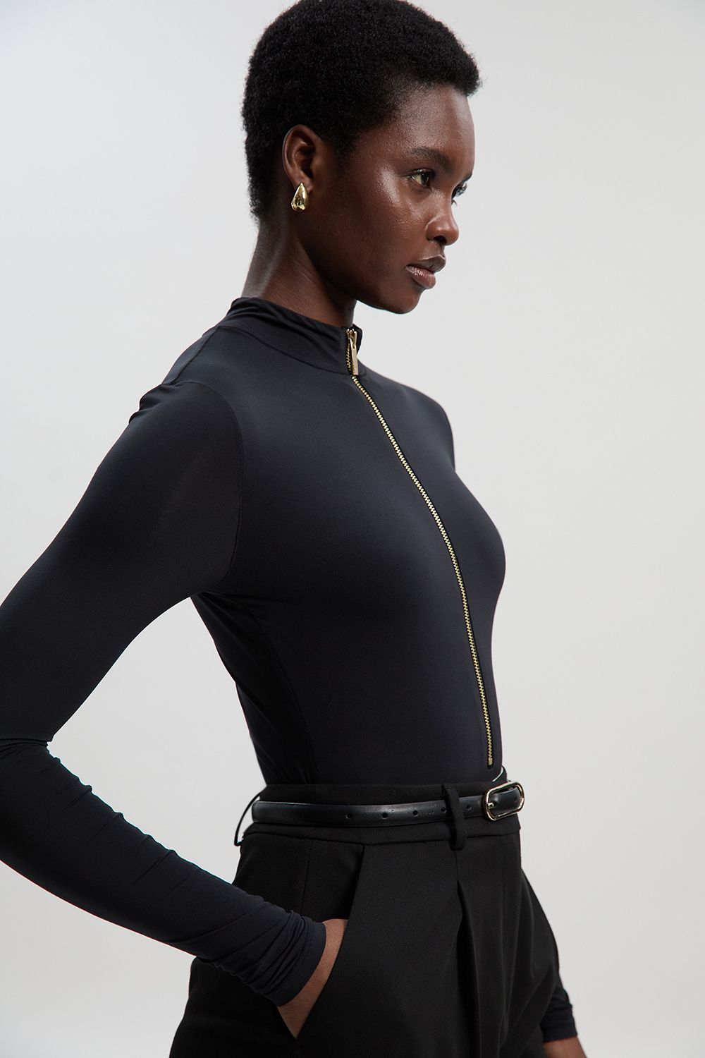 KarenMillen Contour Jersey High Neck Zip Detail Long Sleeve Bodysuit