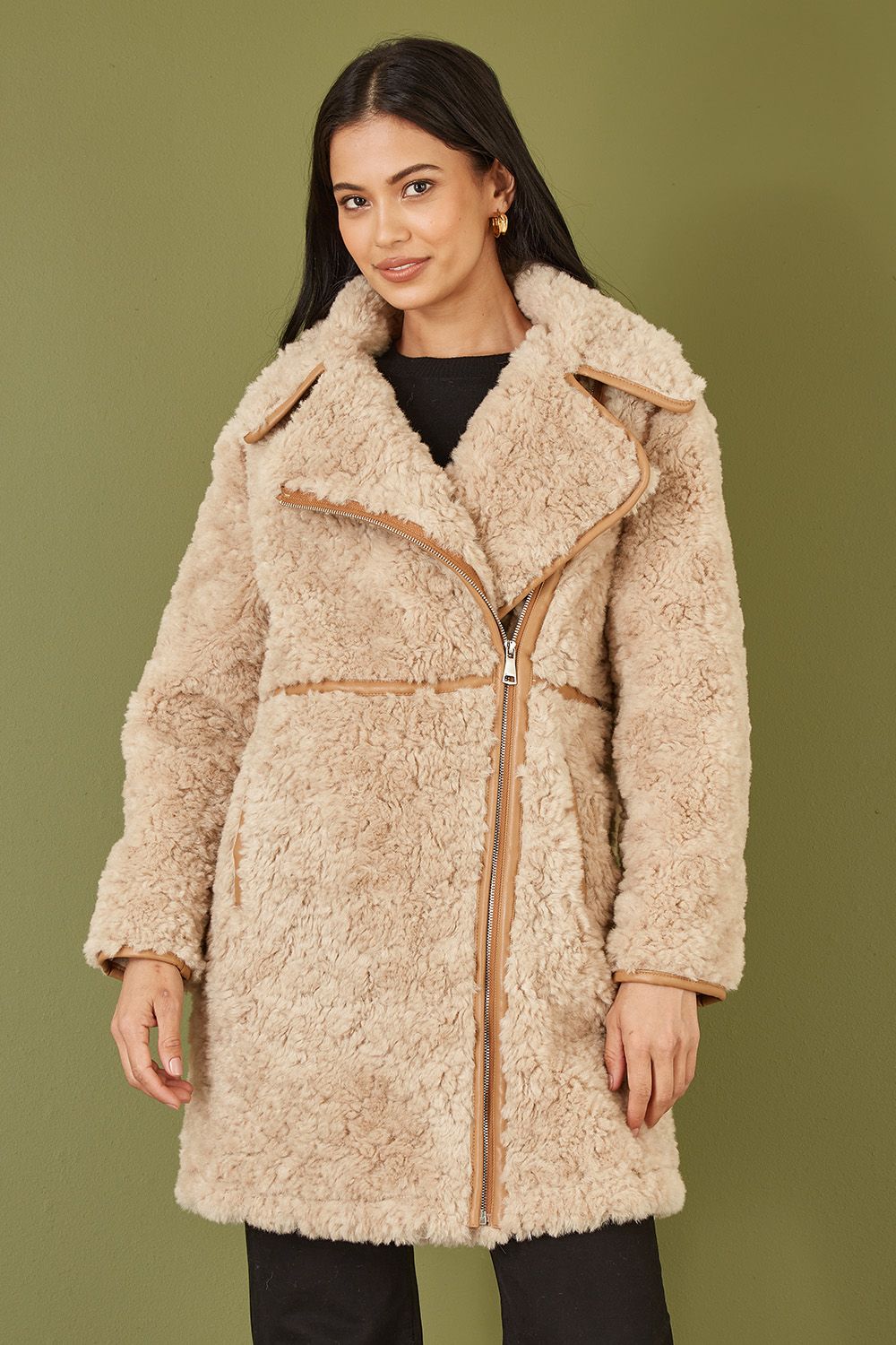 Yumi Brown Textured Borg Long Line Biker Coat