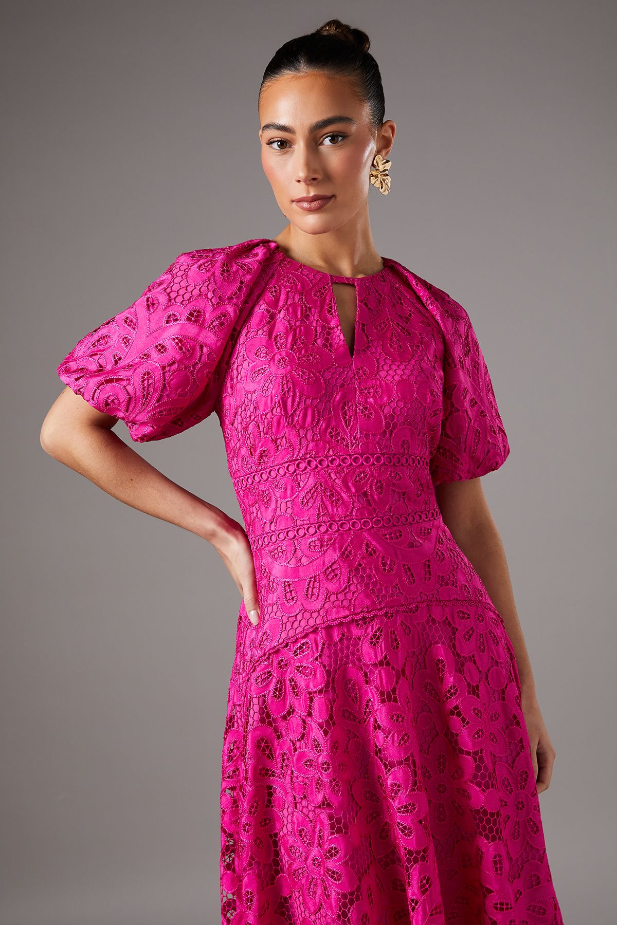 Coast Lace Hanky Hem Puff Sleeve Dress