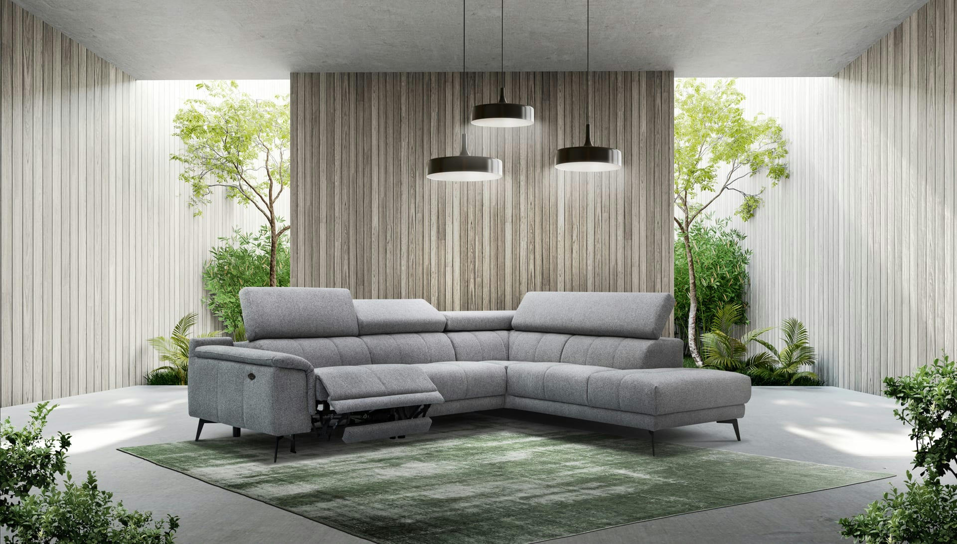 FIERO - Canapé d'angle droit 5 places avec une relax électrique tissu gris