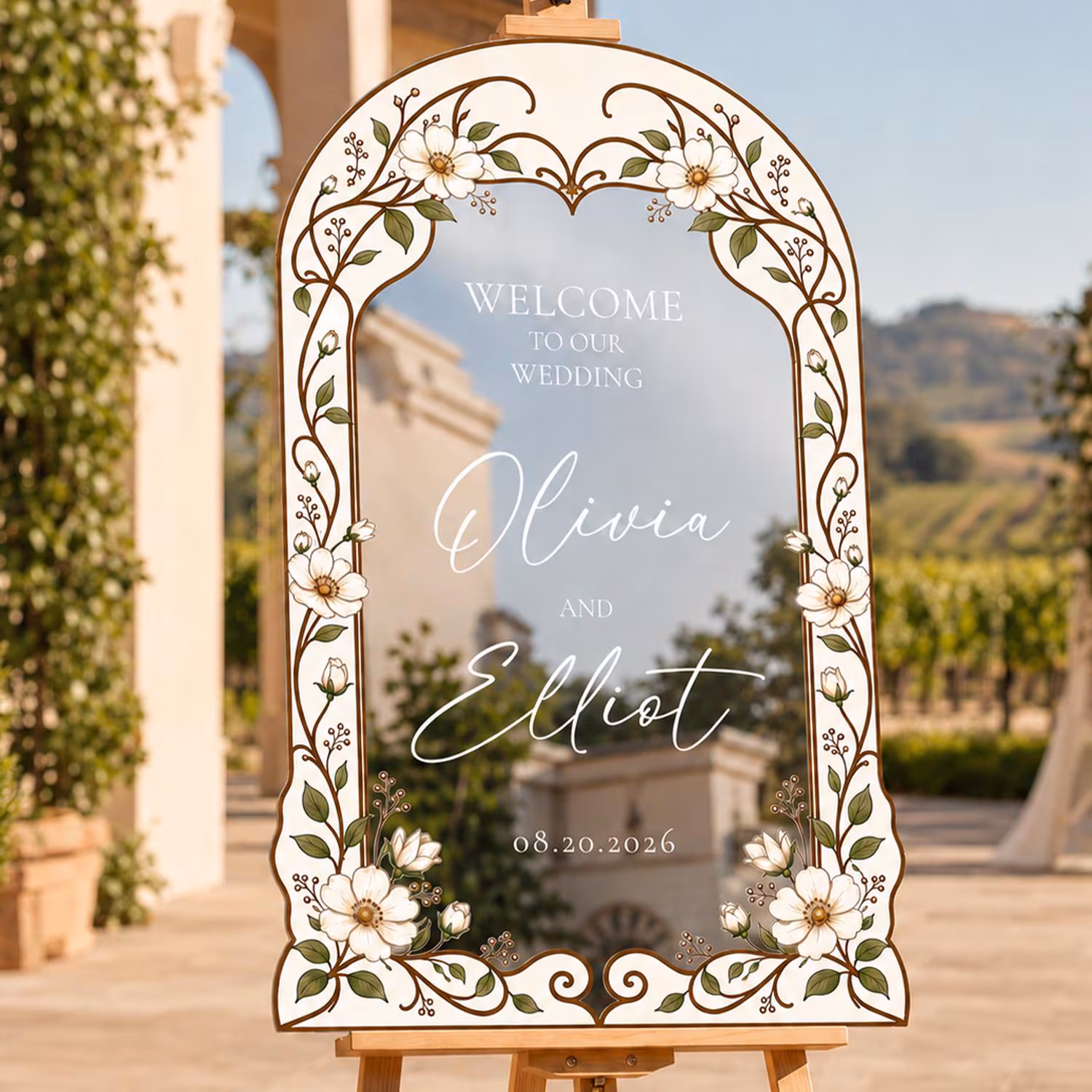 Silver Mirror Wedding Welcome Sign, White Floral Stained Glass Wedding Welcome Sign, Printed Mirror Acrylic Wedding Entrance Sign