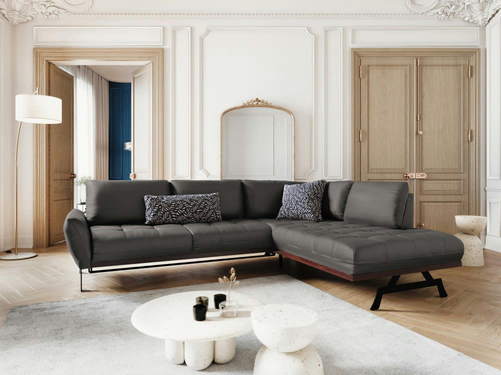 OLIVIER - Canapé d'angle 5 places en cuir gris foncé