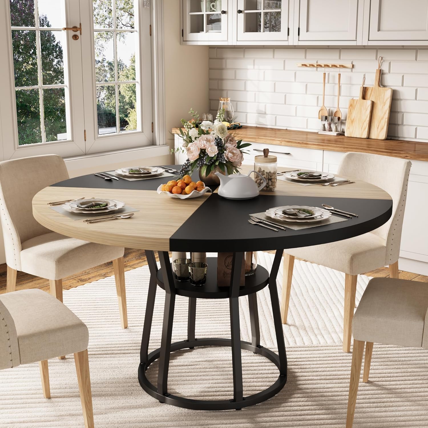 GarveeHome 47 Inch Round Dining Table with Storage Shelf, Farmhouse Circle Kitchen Table for 4-6, Space-Saving Wood Top, Metal Legs, for Kitchen, Dining & Living Room, Apartment, Table Only-Black Wood