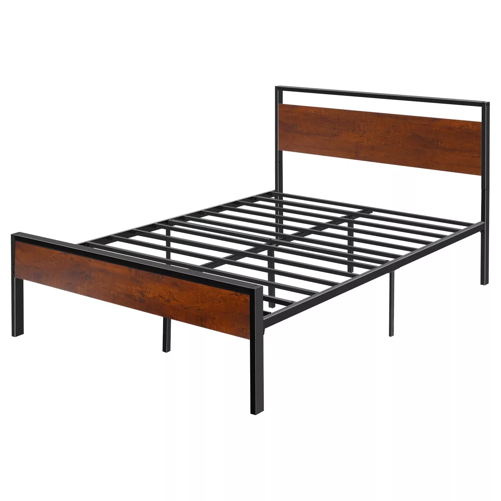 Łóżko metalowe full size 35 cm z drewnianym zagłówkiem i dużym schowkiem