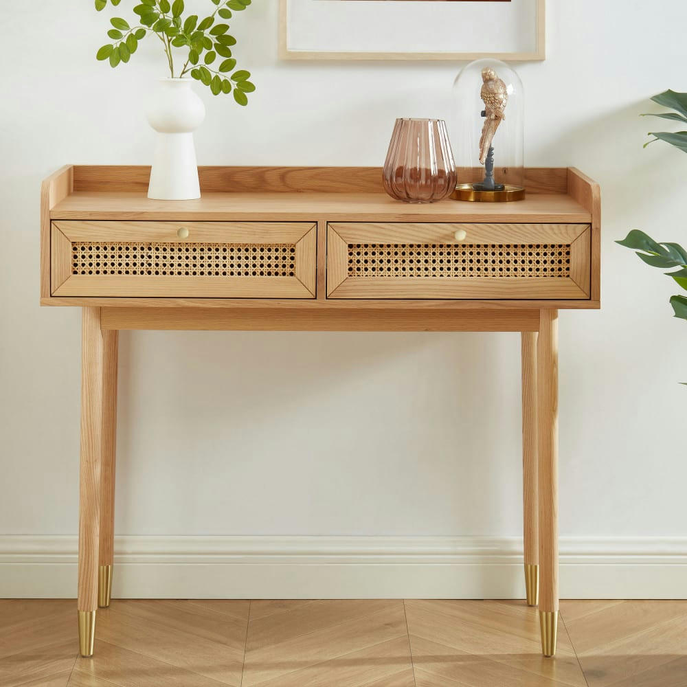 BOMBONG - Console 2 tiroirs en bois et cannage L100cm bois clair