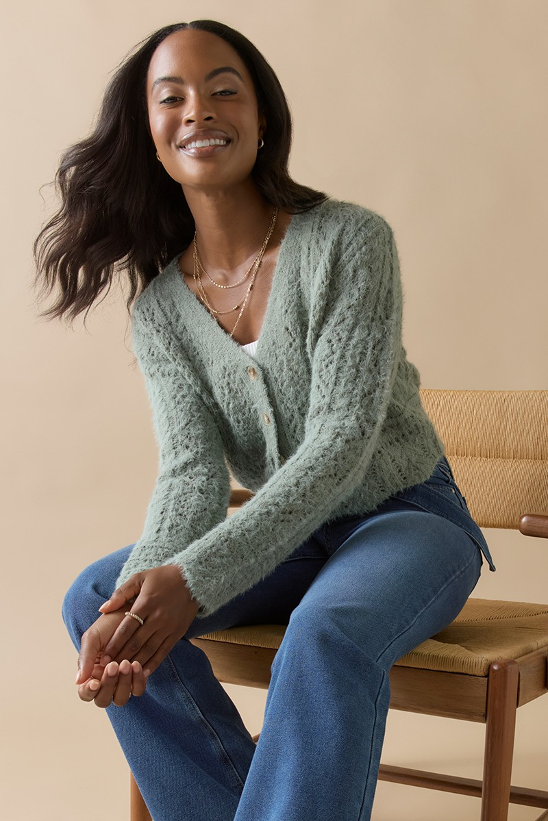 Wanda Pointelle Button Down Cardigan Sage Green