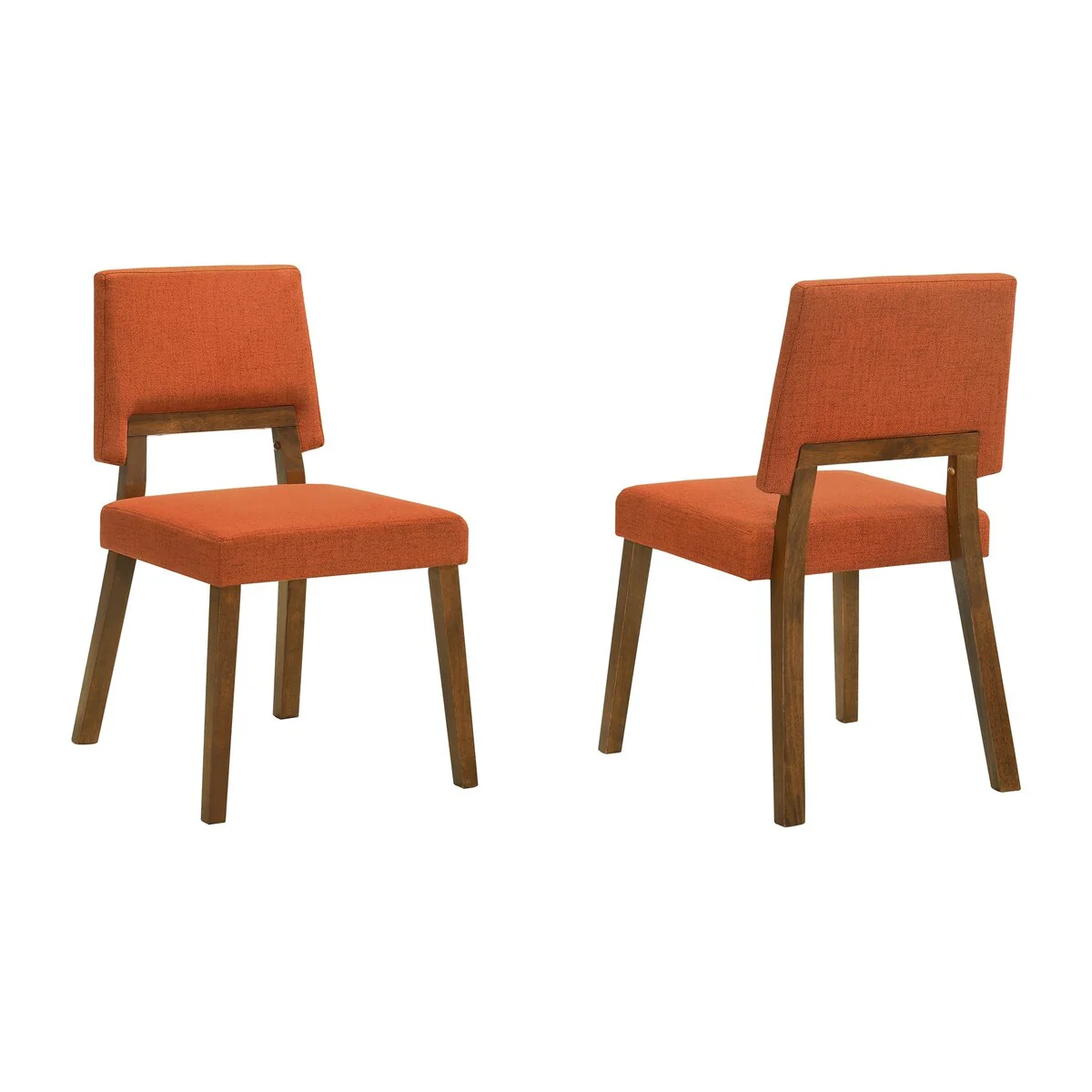 Yumi 23 Inch Dining Chair, Set of 2, Orange Fabric Seat, Walnut Brown