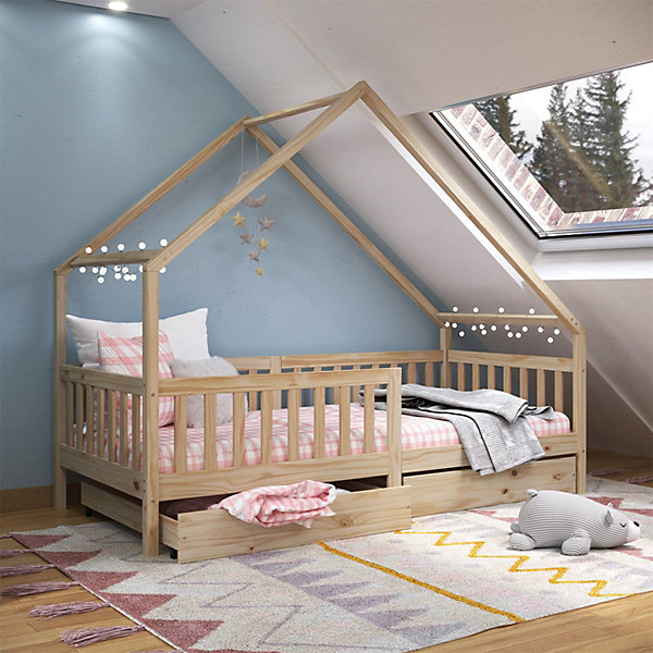 Lit cabaneasymétrique ALVA avec tiroirs, 90 x 200 cm en pin massif naturel