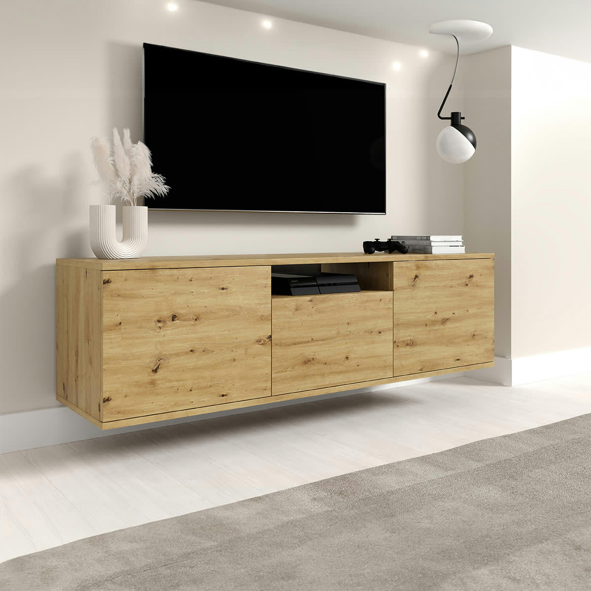 - Meuble TV mural 3 portes 150 cm stratifiés naturel