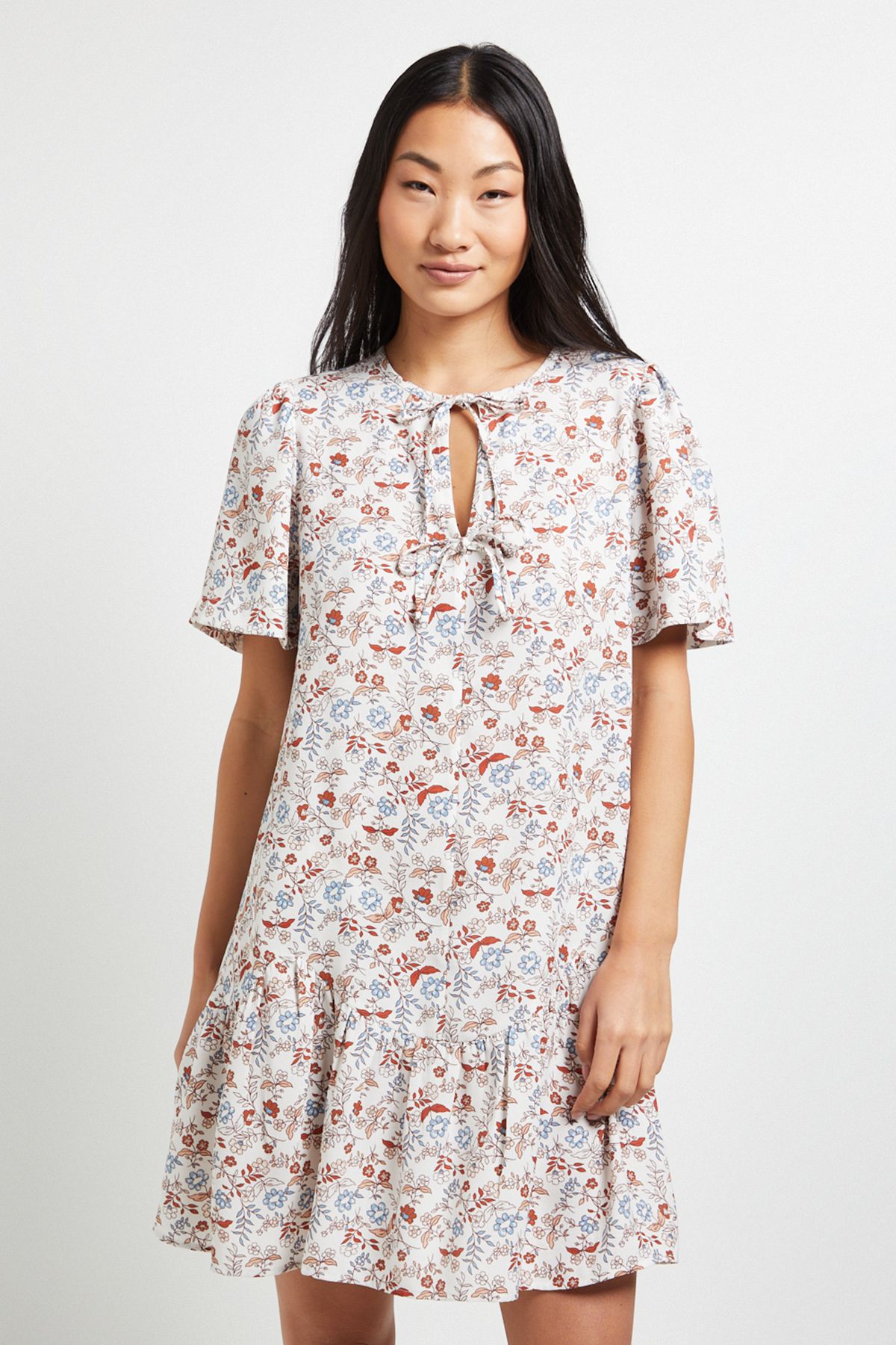 Dorothy Perkins Petite Floral Tie Detail Drop Hem Printed Mini Dress