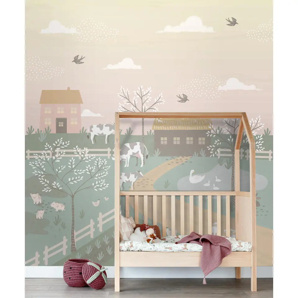 ESTAhome fotobehang boerderij dieren groen en roze - 250 x 279 cm