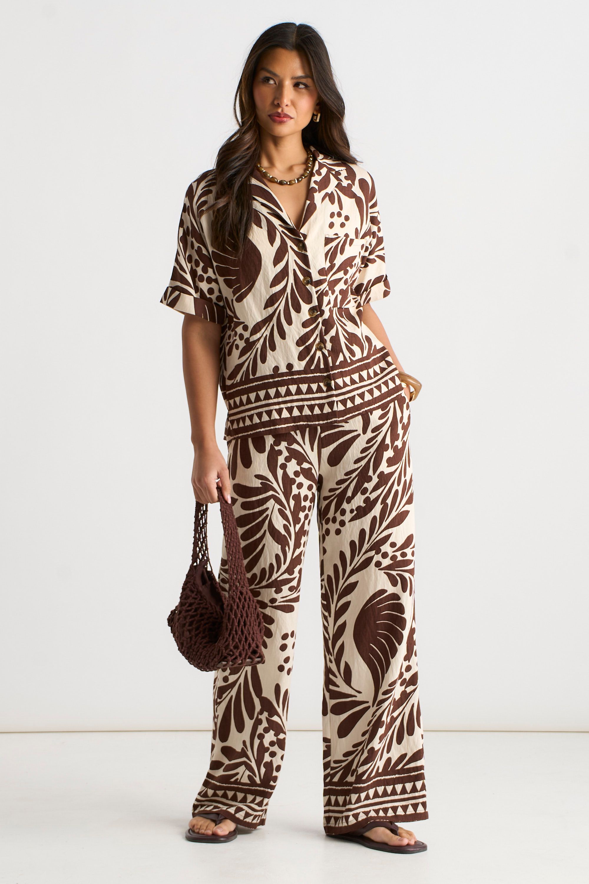 Gini London Chocolate Border Print Resort Shirt