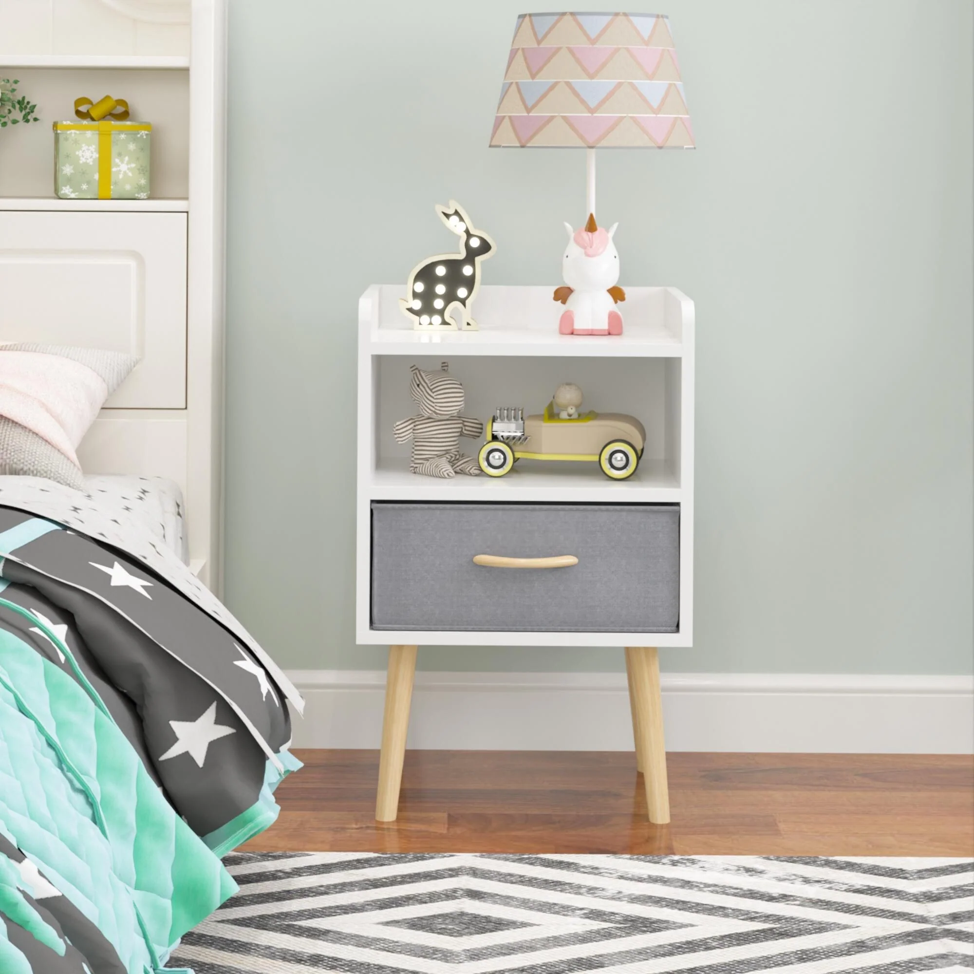 Nightstand With Collapsible Fabric Drawer, 2-Tier Storage End Table, Wood Side Table with Storage Cabinet for Kids