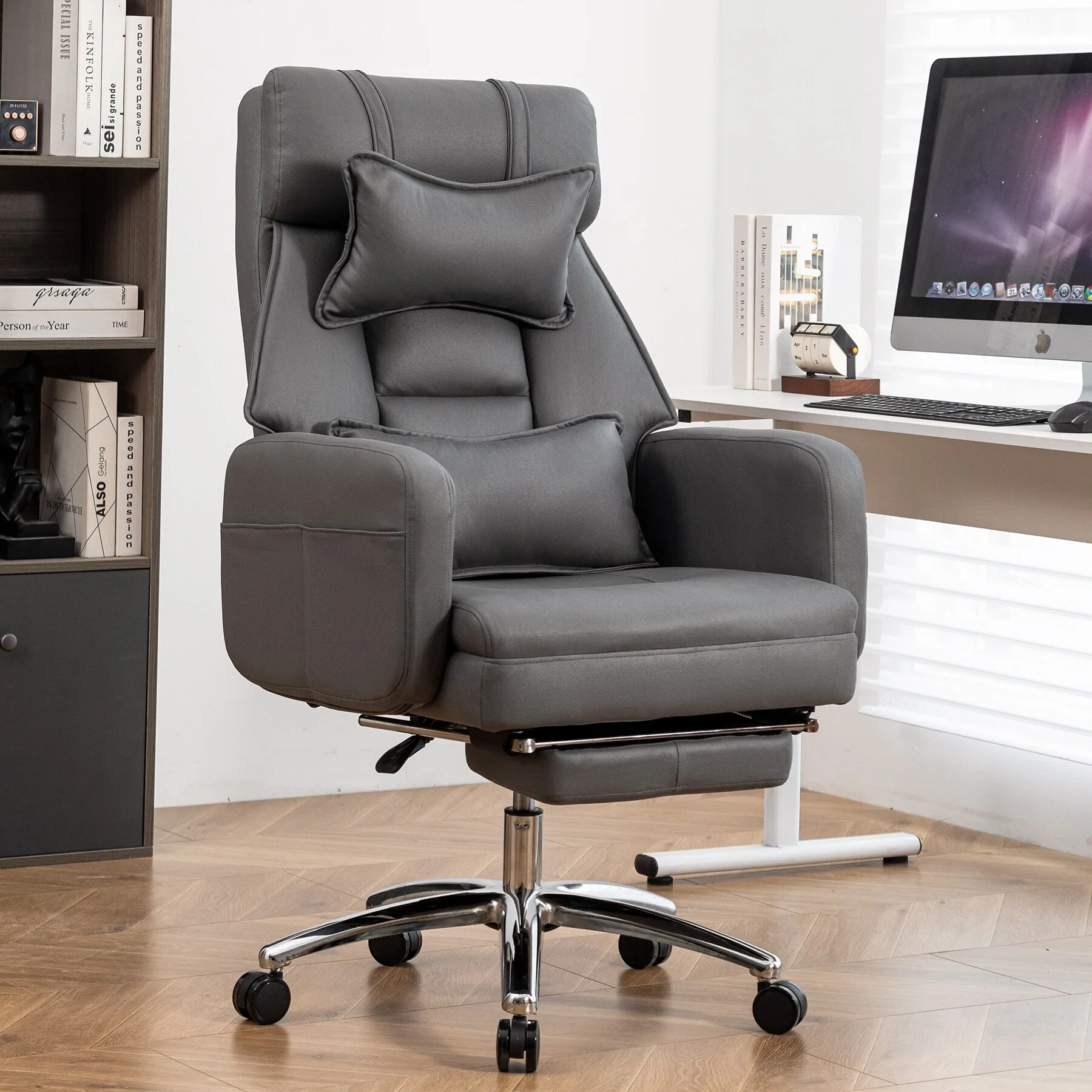 Dark Grey Technology Leather 360° Swivel Manual Office Recliner with Lumbar Support, Headrest, Footrest, Adjustable Height