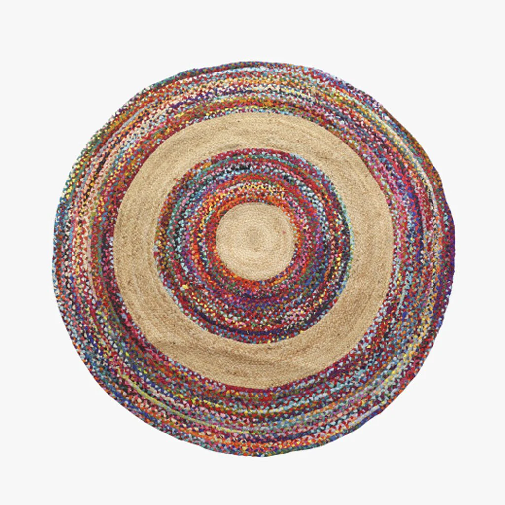 Tapete Redondo Círculos Coloridos em Algodão e Juta OAXACA