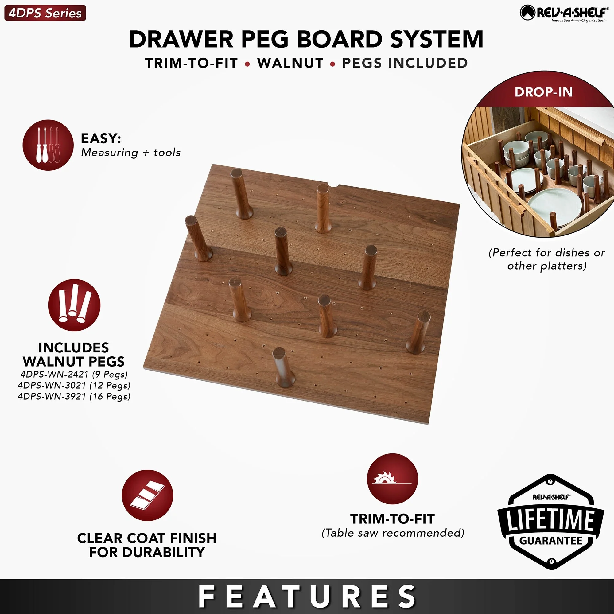 Rev-A-Shelf 4DPS Series 24 x 21 Inch Trimmable Wood Peg Board Insert