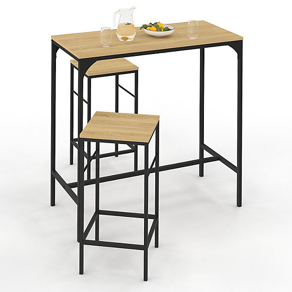 Ensemble table haute de bar DETROIT 95 cm et 2 tabourets design industriel