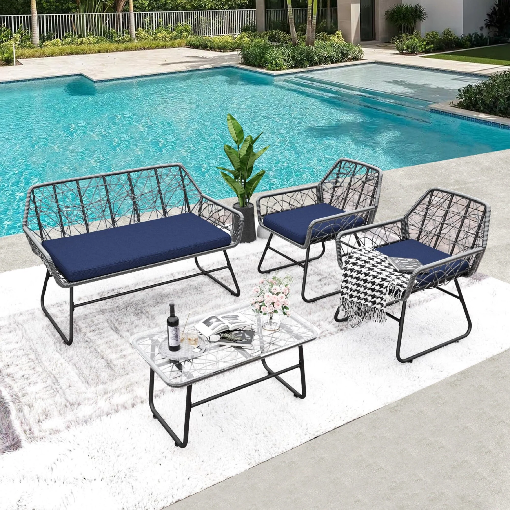 4-piece wicker patio furniture set with tempered glass table, detachable blue cushion cover for easy cleaning,Suitable f