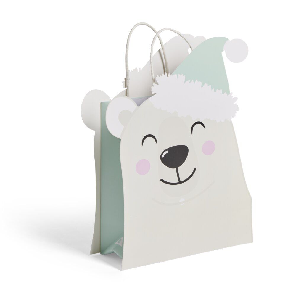 Sac cadeau No&euml;l en papier forme tête ours blanc 25,5xH31,5cm