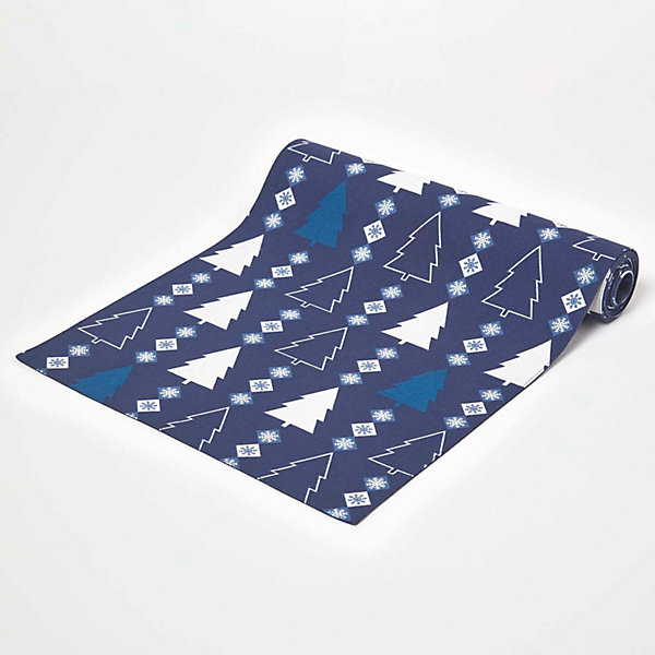 Chemin de table de noël sapins bleu en coton, 35 x 250 cm - HOMESCAPES