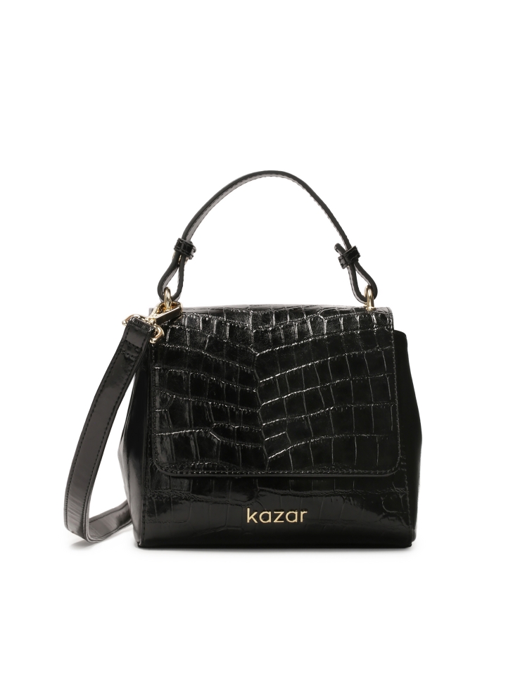 Black handbag with handle decorated with embossed pattern