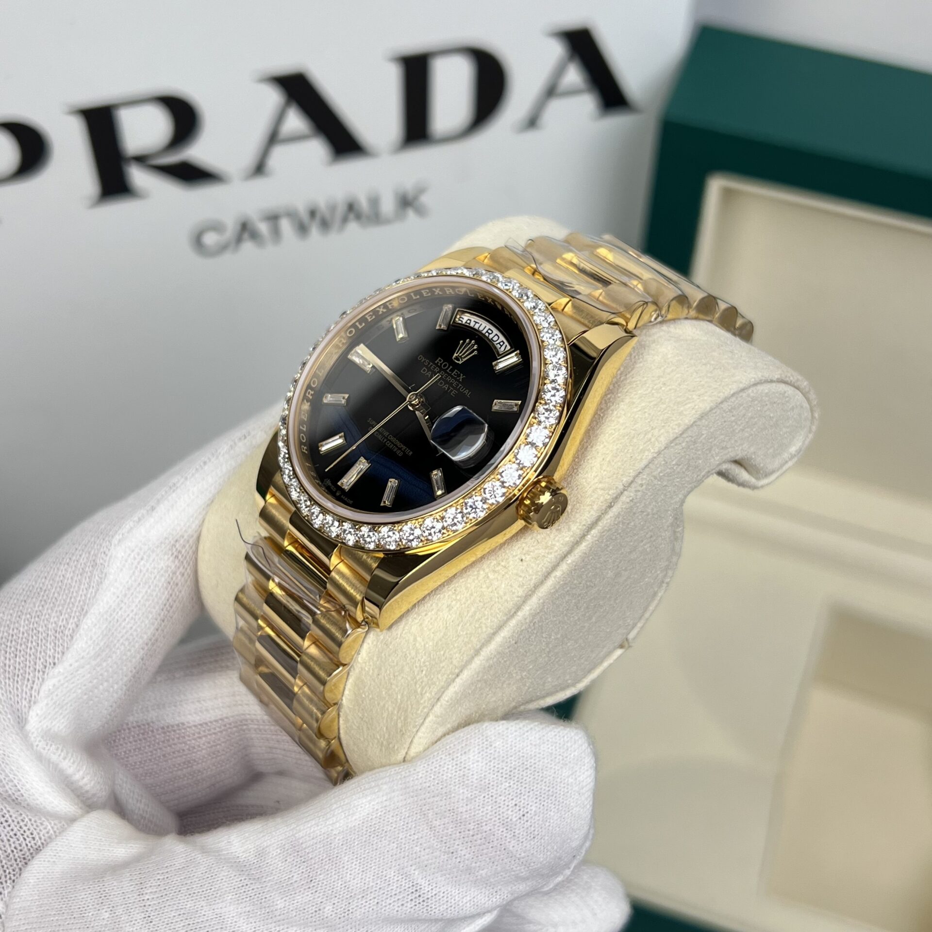 Rolex Day-Date 228348RBR YG Plated Black Dial CZ Diamonds 40mm Super Clone
