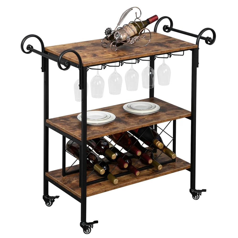 Double-Armres Fire Pattern Density Board Movable Iron Wood Wine Cart