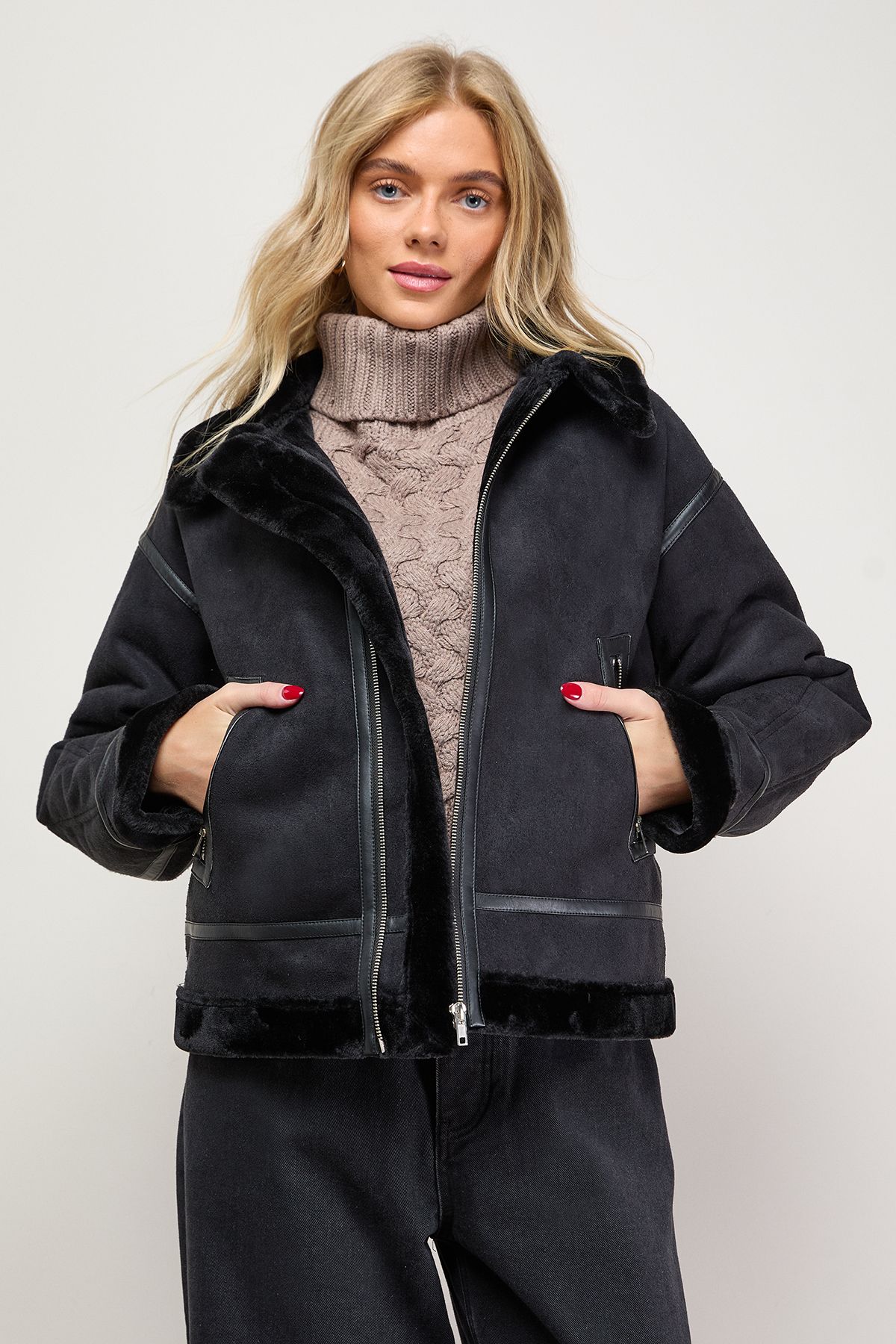 Oasis Zip Through Faux Leather Short Aviator Jacket