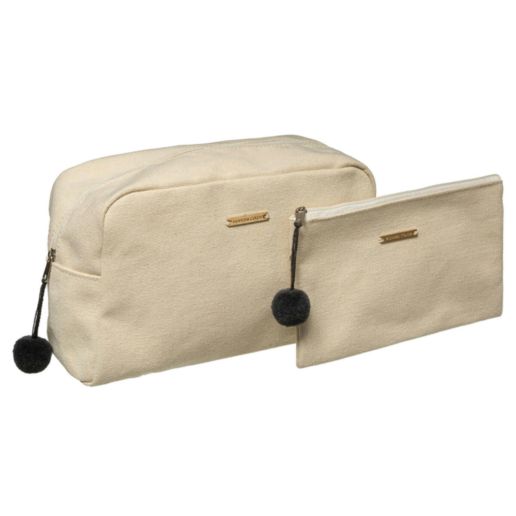 - Trousse de toilette + pochette beige à pompons