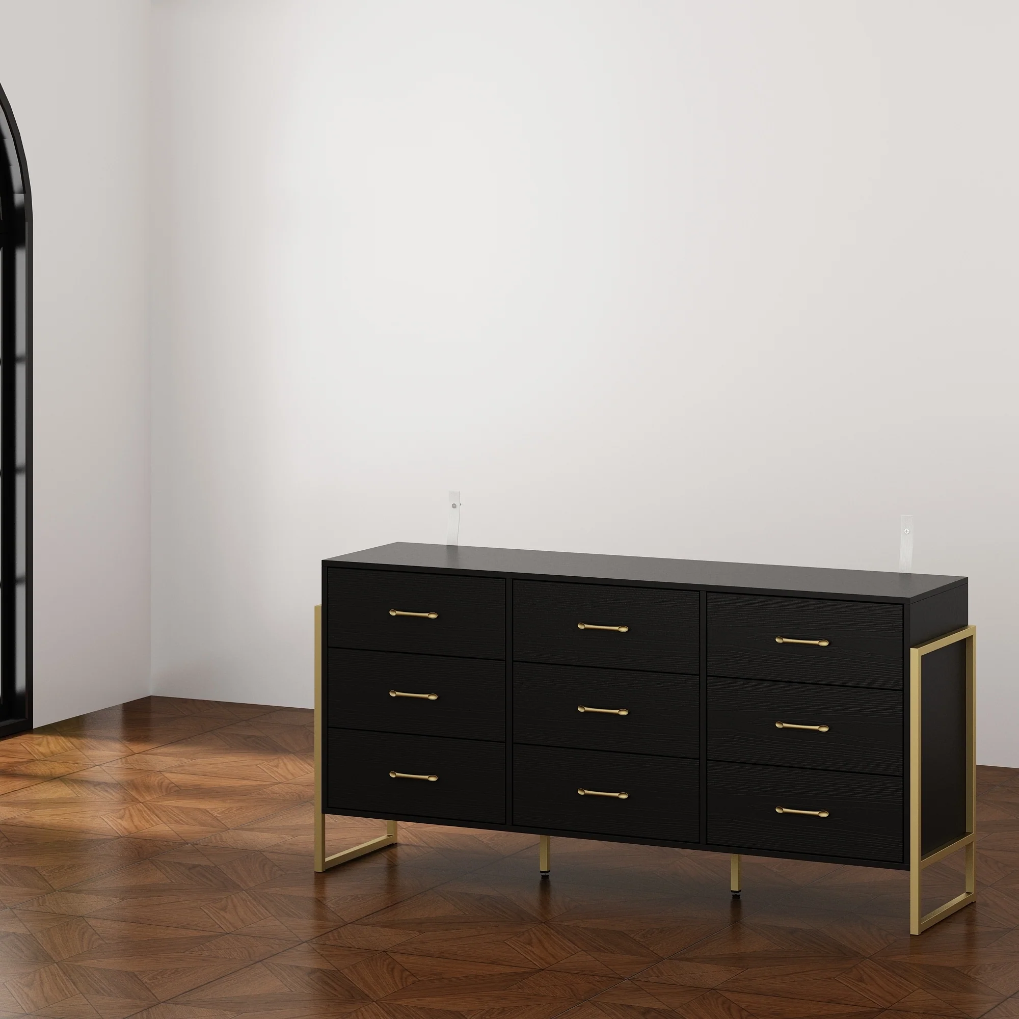 Elegant 9-Drawer Dresser with Gold Accents - Black Stripe Finish Chest
